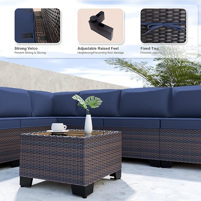 Kullavik 9 Pieces Outdoor Patio Furniture Set,Outdoor Sectional Rattan Sofa Set Brown PE Rattan Wicker Patio Conversation Set with Tempered Glass Coffee Table and Washable Cushions Covers,Navy Blue