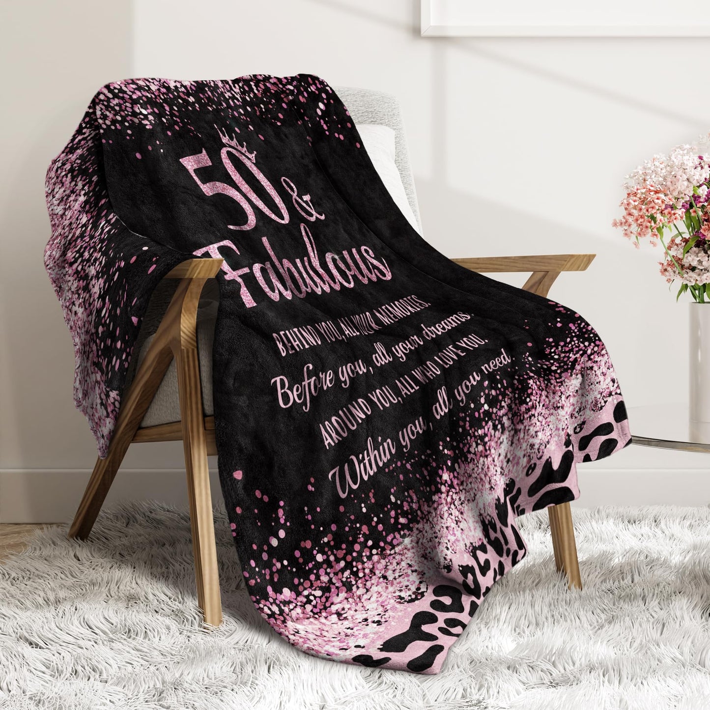 GoMelley 50th Birthday Gifts for Her- 50 and Fabulous Cheetah Leopard Print Flannel Blanket- 50 Years Old Gifts for Women, 50th Birthday Gifts for Women, Friends, Mom, Wife, Aunt, Sister, 60"*50"