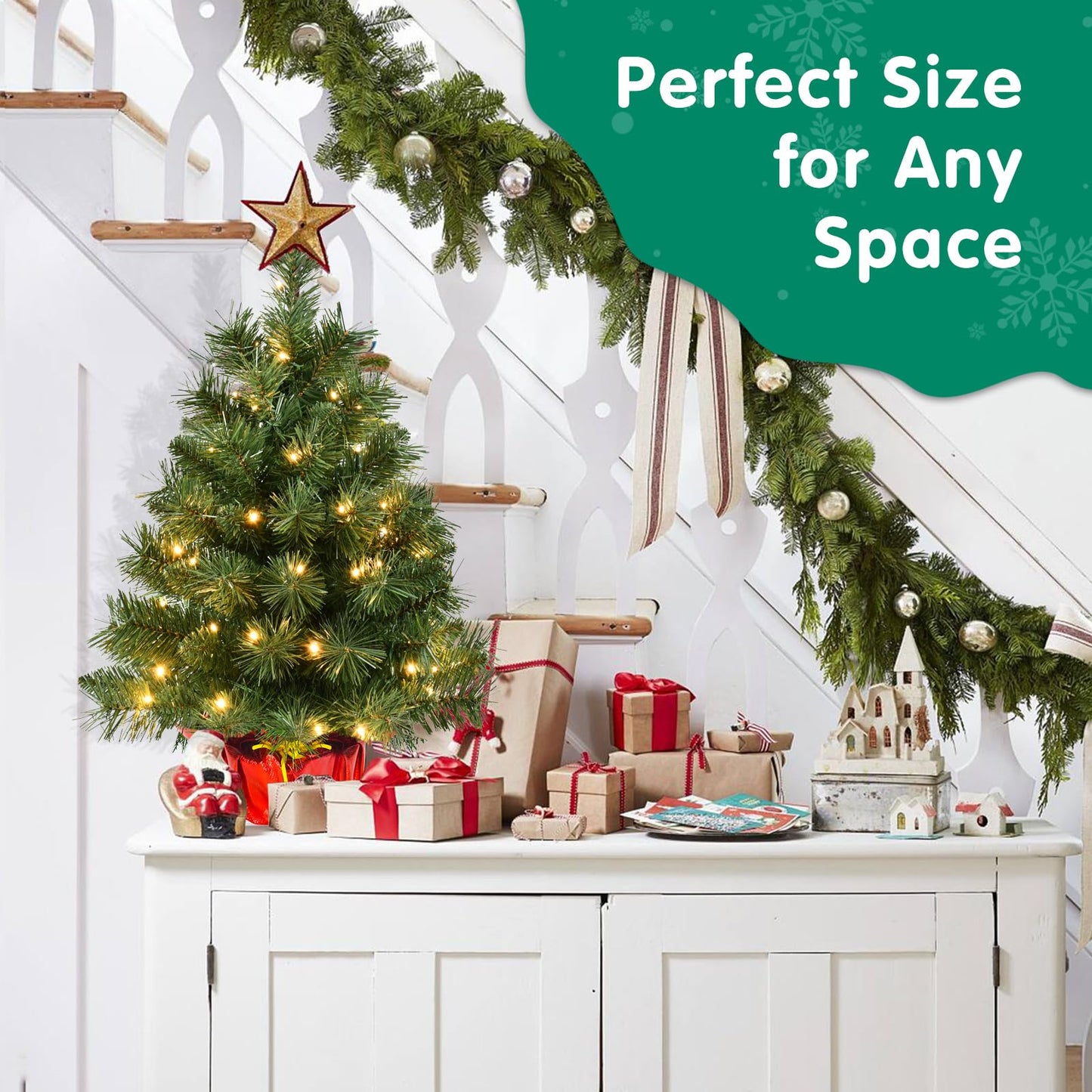 Pre-lit Mini Christmas Tree, Leeheeyee Artificial 2ft Tabletop Christmas Tree with 50 LED Lights, Battery Operated Small Xmas Tree with Burlap Base for Table Desk Home Christmas Decor