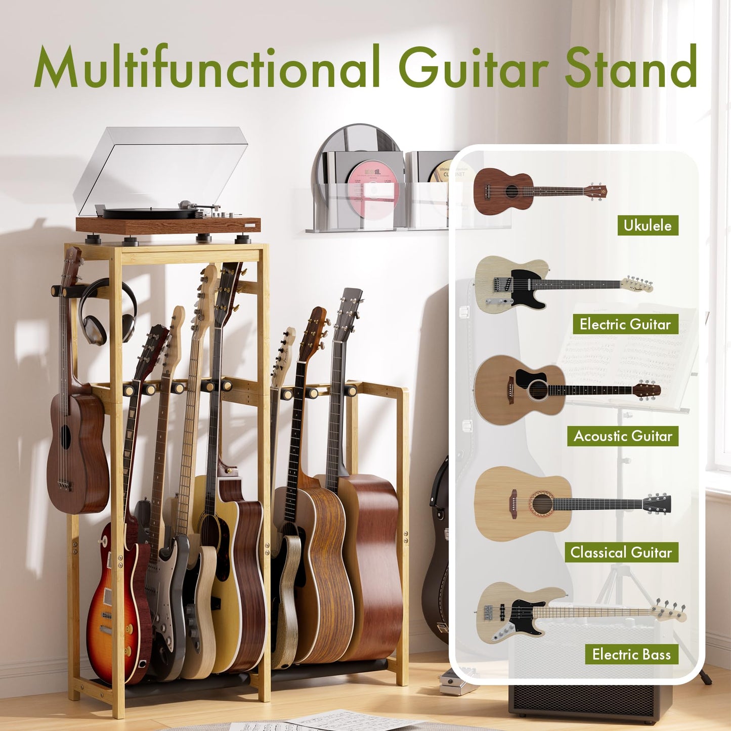 Amazer Guitar Stand, Guitar Rack For Acoustic, Bass, Electric Guitar, Multi Guitar Display Stand Adjustable Bamboo Guitars Holde