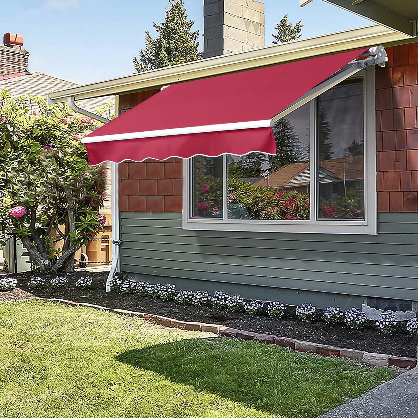 Grepatio 9.8x8.2 Ft Manual Retractable Awning, Aluminum Polyester Patio Door Window Awning, Sunshade Shelter with Crank Handle, Outdoor Canopy - Burgundy