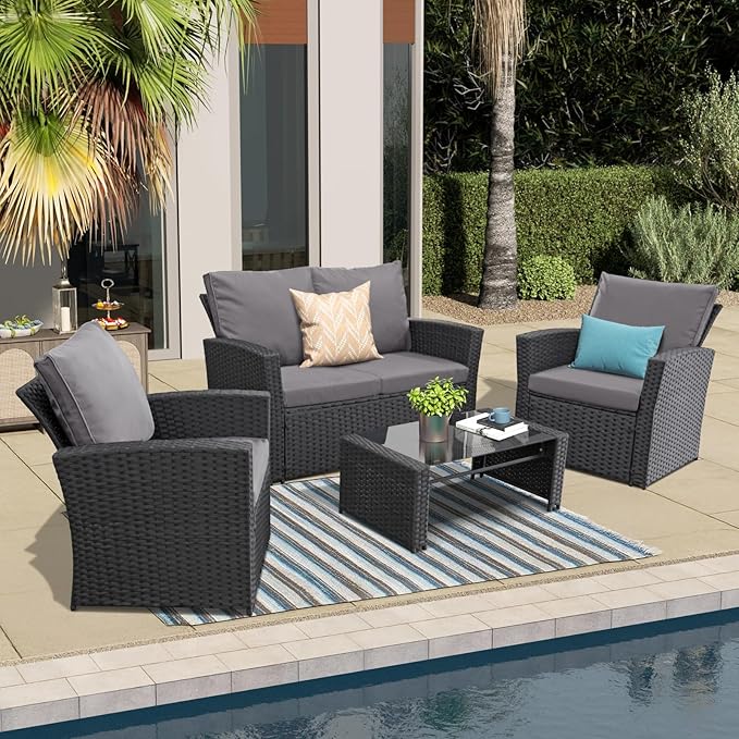FHFO 4 Piece Outdoor Patio Furniture Set,Wicker Conversation Sets Outdoor Sectional Patio Sofa Couch with Cushions & Coffee Table for Outside, Garden, Balcony, Porch,Black/Grey