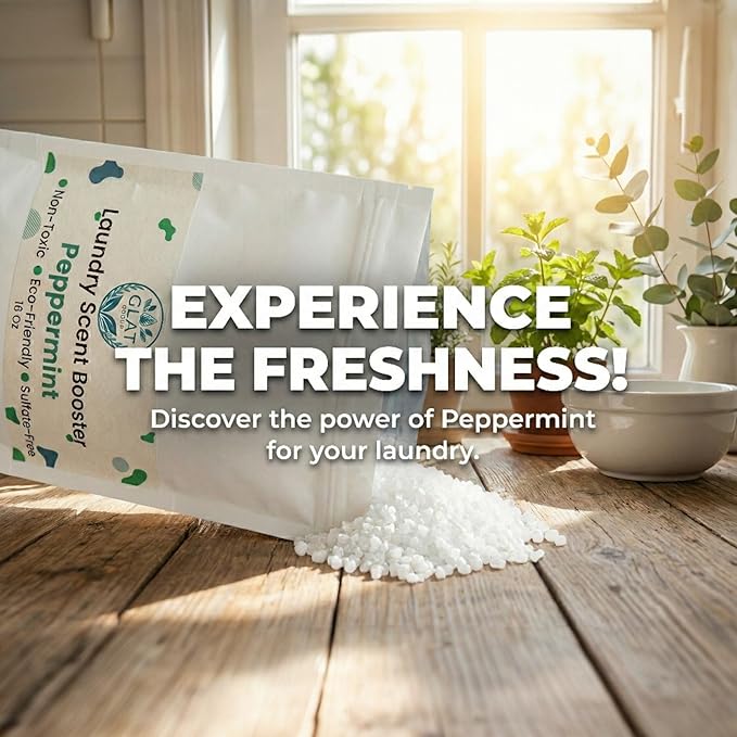 Plant-Based Laundry Scent Booster (Powder) - Peppermint | Invigorating Odor Eliminator, No Residue | Hypoallergenic for Sensitive Skin, Eco-Friendly, Non-Toxic Fabric Freshener | 16 Oz