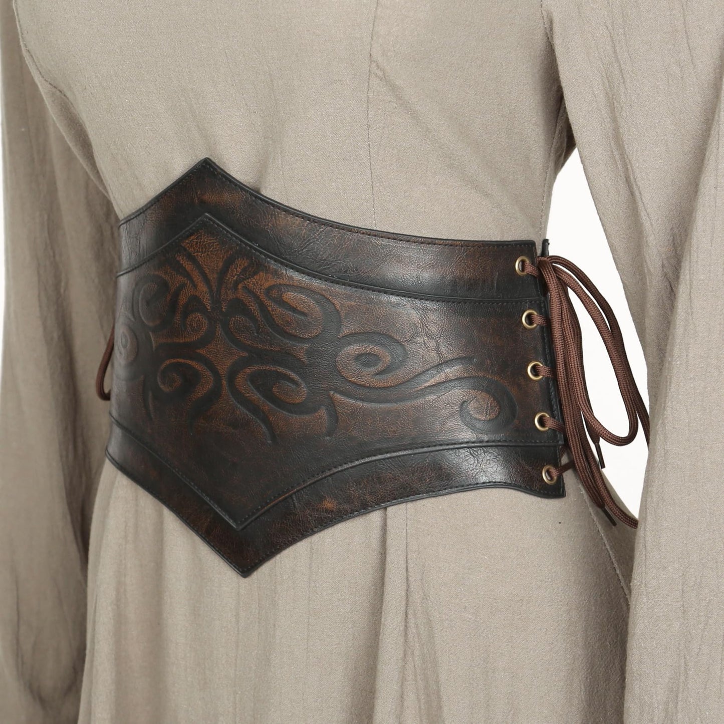 L'VOW Women Viking Leather Corset Belt Renaissance Brown Medieval Wide Lace-up Corset Belt(L)