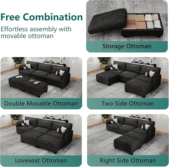 OhaiAura Modular Sectional U Shaped Sofa Couches for Living Room, Cloud Couch with Storage Ottoman, Comfy Chenille Sofa with Pillow, Black