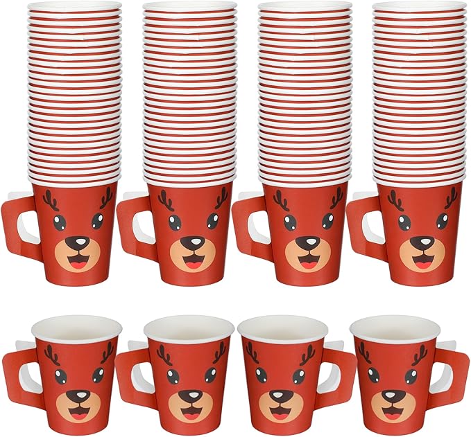 Mumufy 100 Pcs Christmas Disposable Cups with Handles 9 oz Xmas Coffee Paper Cups for Hot Chocolate, Cocoa & Beverages Bul...
