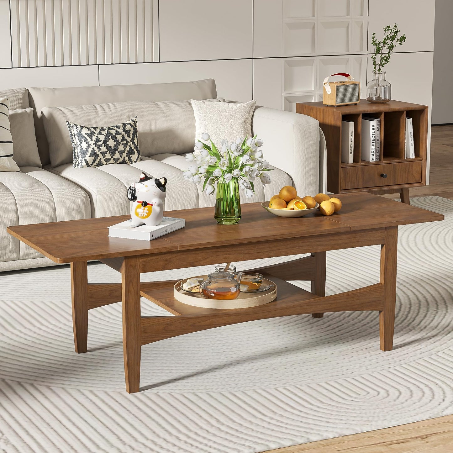 Oubayajia Coffee Table with Lifting Top, Rectangle Wood Lift Top Coffee Table with Open & Hidden Storage, Mid Century Pull up Center Tables for Living Room, Office (Walnut)