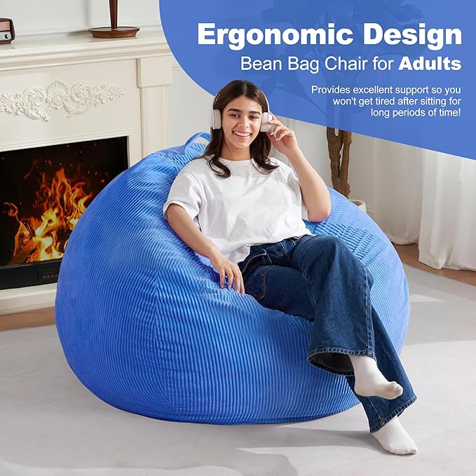 Homguava 4FT Bean Bag Chair for Adults,Teardrop Bean Bags Big Beanbag Chair with Memory Foam Filled and Ultra Soft Removable Corduroy Cover for Living Room, Bedroom (Blue)