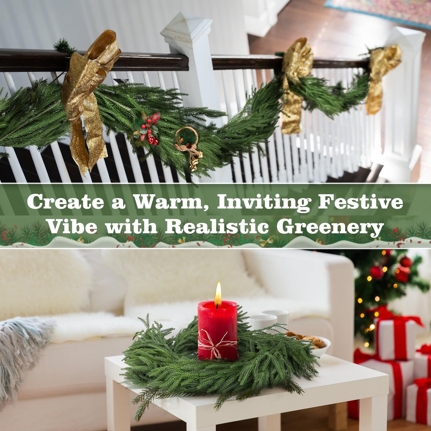 Christmas Garland Glow in The Dark,Artificial Luminous Green Norfolk Pine Garlands,Real Touch Winter Greenery Garland for Christmas Tree Decor Outdoor Garden Table Fireplace Wall Home Decoration