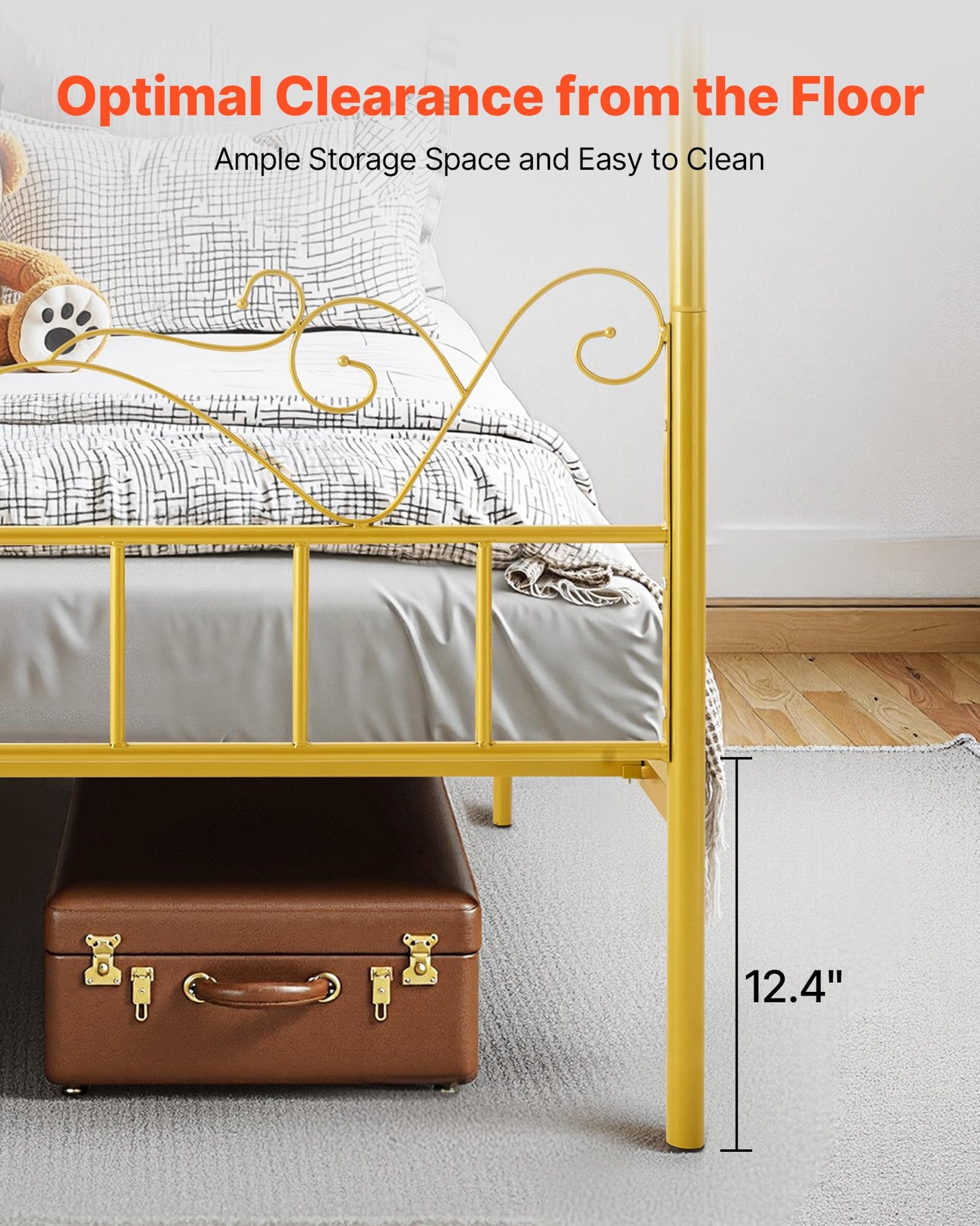 VEVOR Queen Size Canopy Bed Frame, Metal Canopy Bed with Minimalist Headboard & Four Posters Design, Heavy Duty Steel Slats Support, Underbed Storage Space, No Box Spring Needed, Easy Assembly, Gold