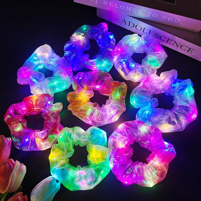 8 Pcs Light Up Mermaid Scrunchies, Glow Hair Scrunchy for Girl & Women, Multi Glow Modes, Glow in the Dark Accessories for...