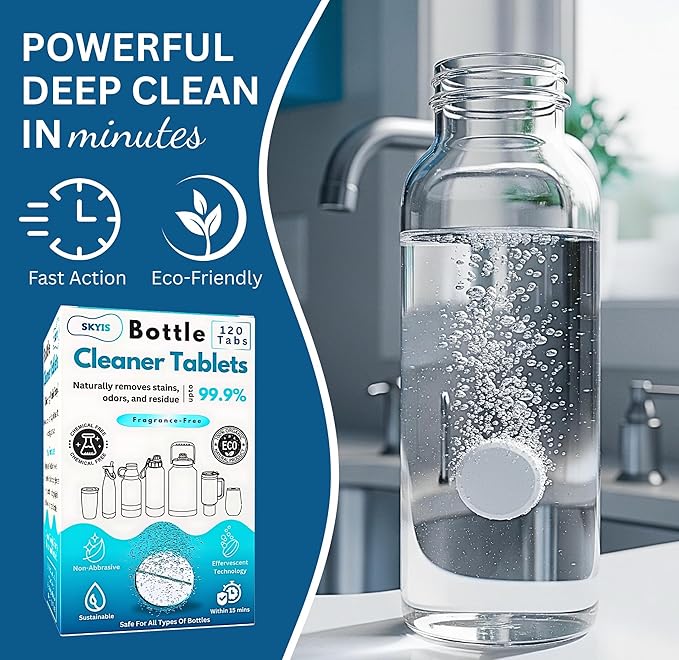 120 Count, Odor & Stain Remover for Stainless Steel, Tumblers, Thermos & Glass Bottles – Effervescent Deep Cleaning Tabs, No Scrub Needed, Water Bottle Cleaner Tablets, Chlorine-Free
