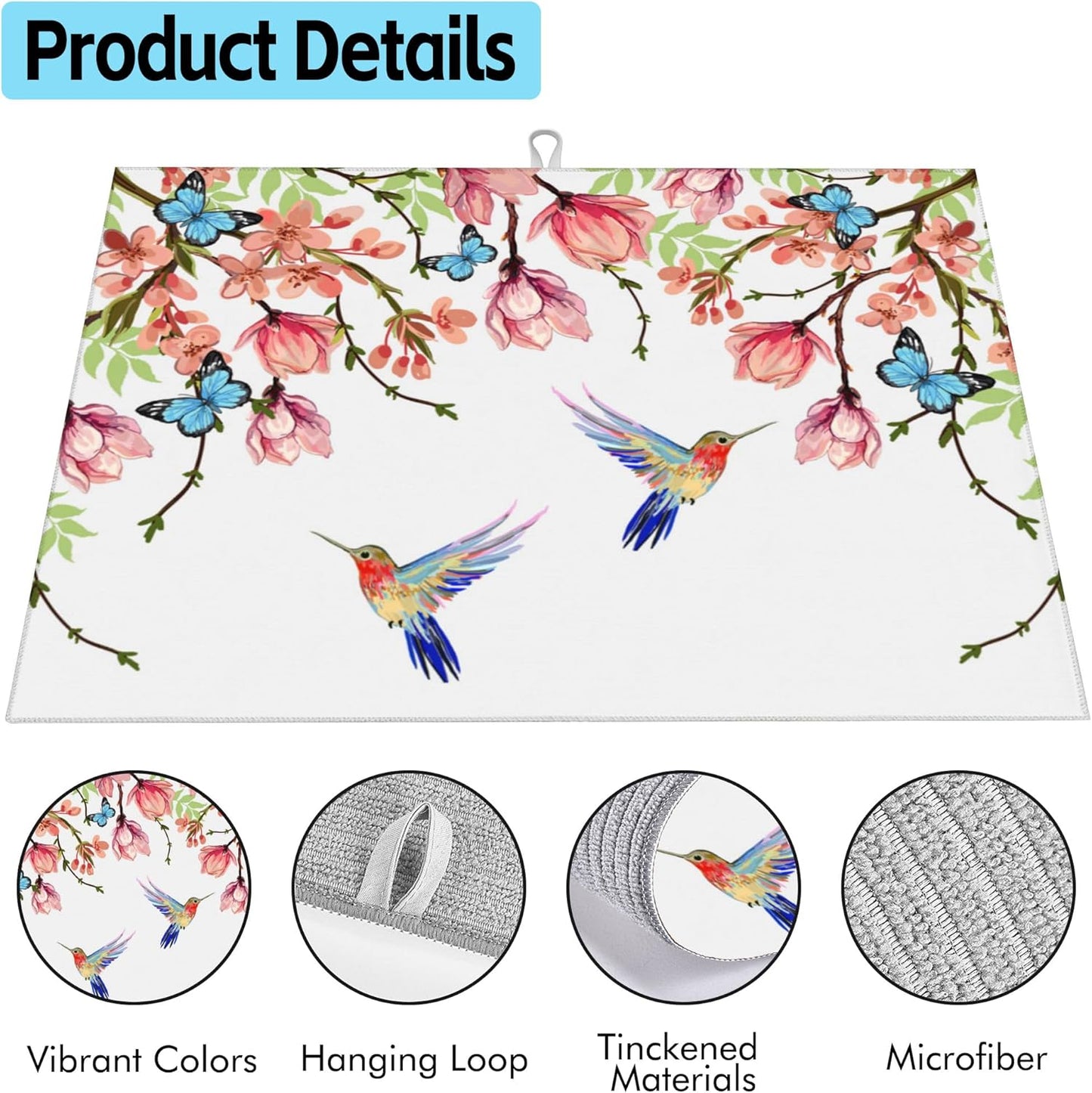Large Dish Drying Mat for Kitchen Counter,18"X24" Wisteria Magnolia Hummingbird Butterfly Absorbent Reversible Microfiber Dish Drying Mat Dish Drainer Mat Drying Pad for Kitchen Countertop Coffee Bar