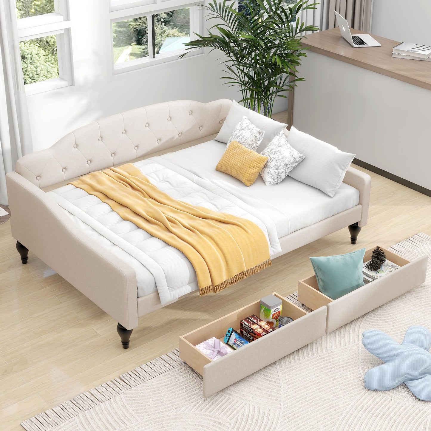 Acosure Full Size Upholstered Tufted Daybed with Two Storage Drawers,Linen Sofa Bed,Easy Assemble & No Box Spring Needed,Perfect for Small Space,Bedroom,Livingroom,Guest Room, Beige