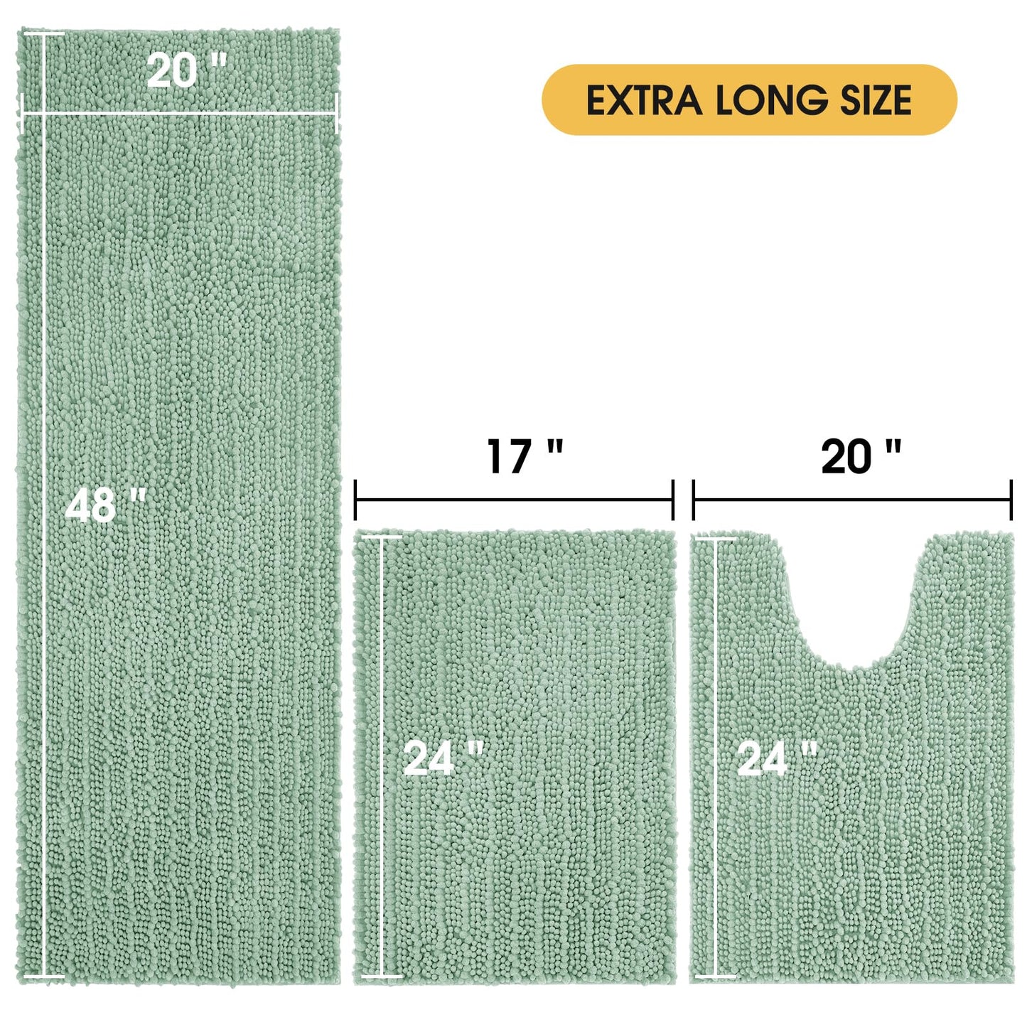 ACCUMTEK Upgrade Extra Large Sage Bathroom Rug Set 3 Pieces Ultra Soft, Thick Absorbent Bath Mats, Non Slip Chenille Toilet Mat for Bathroom, Bedroom, Kitchen, Mint