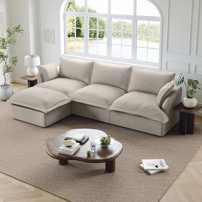 Lopzeho 114” Oversized Modular Sectional Sofa, Comfy Down Fill Cloud Couch with Washable Cover, L Shaped 3 Seater Modular Couch with Ottoman, Convertible Sectional Couches for Living Room, Light Gray