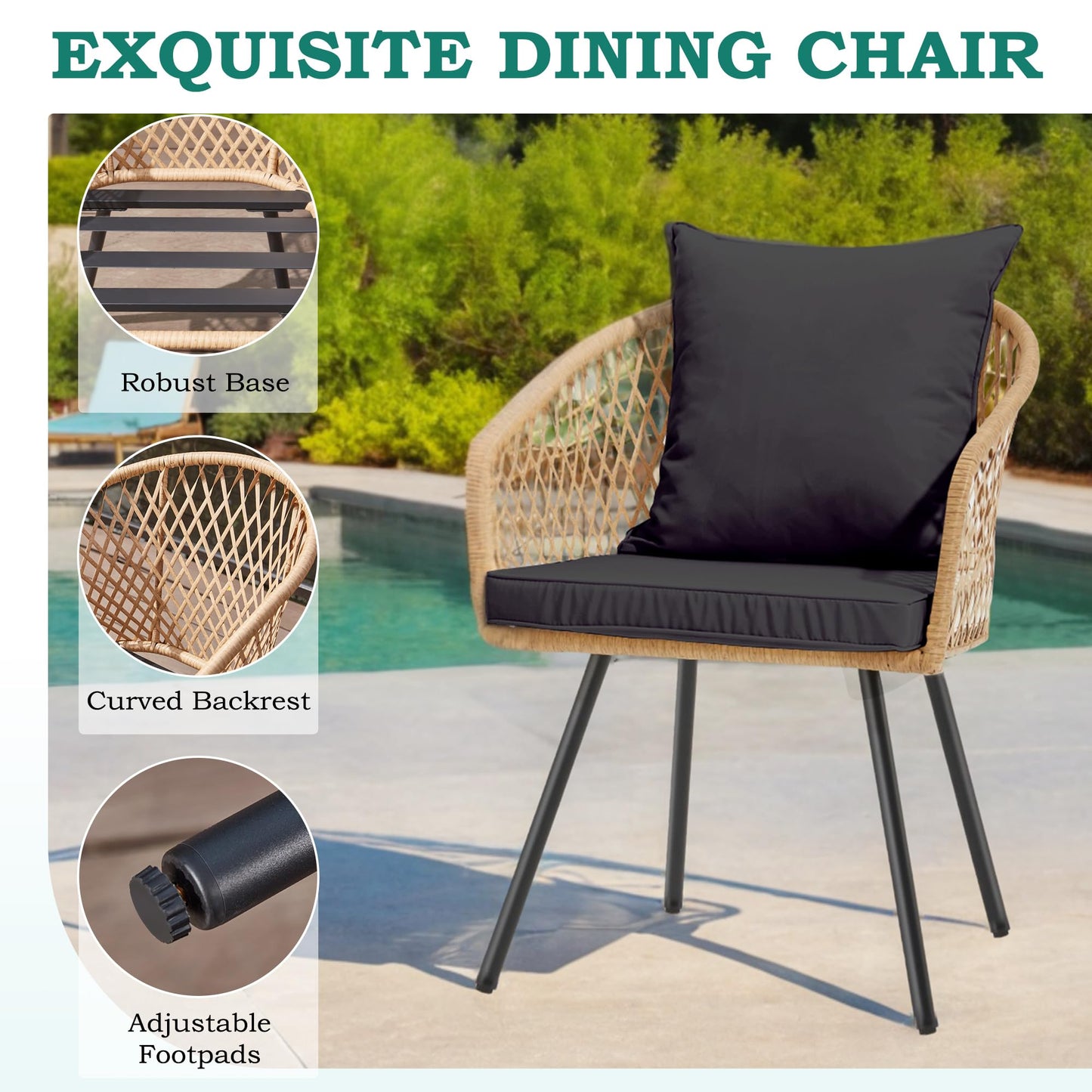 ECOTOUGE 5 Piece Patio Dining Set, Wicker Outdoor Furniture Set w/Glass Square Table, 4 PCS Chairs w/Waterproof Cushions for Backyard Garden Deck, Yellow/Black