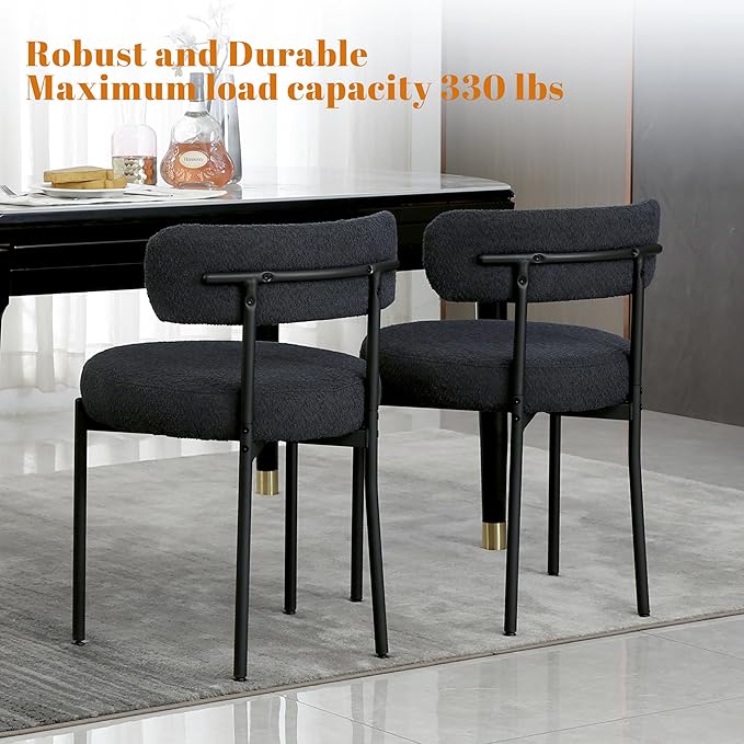DYHOME Black Boucle Dining Chairs Set of 6, Modern Upholstered Dining Chairs with Curved Backrest and Metal Legs, Kitchen Dining Room Chairs