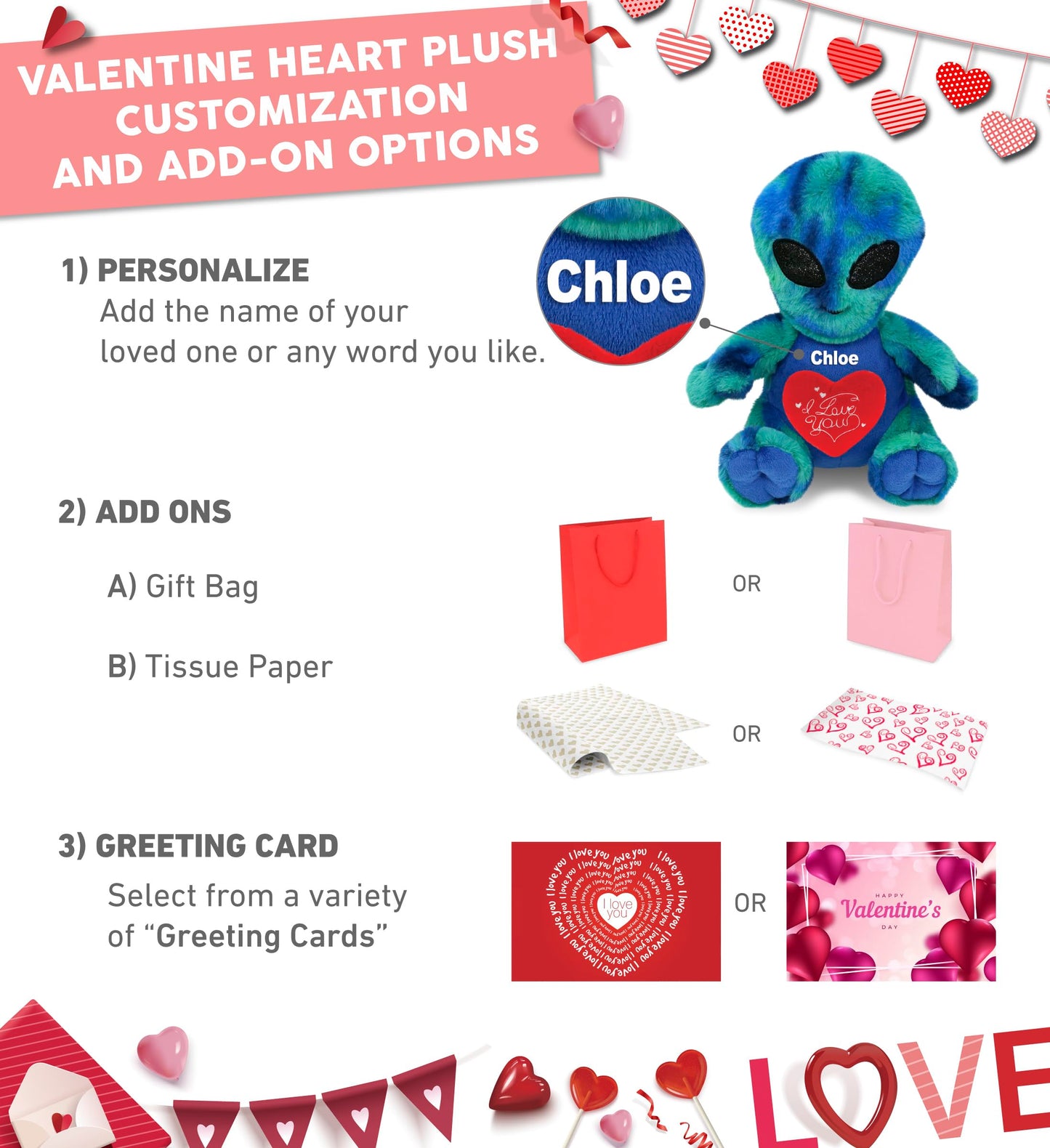 DolliBu I Love You Valentine Plush Blue Tie-Dye Alien - Cute Stuffed Animal with Red Heart and Name Personalization Gift for Valentines Day, Birthday, Anniversary, Romantic Date - 9 Inches