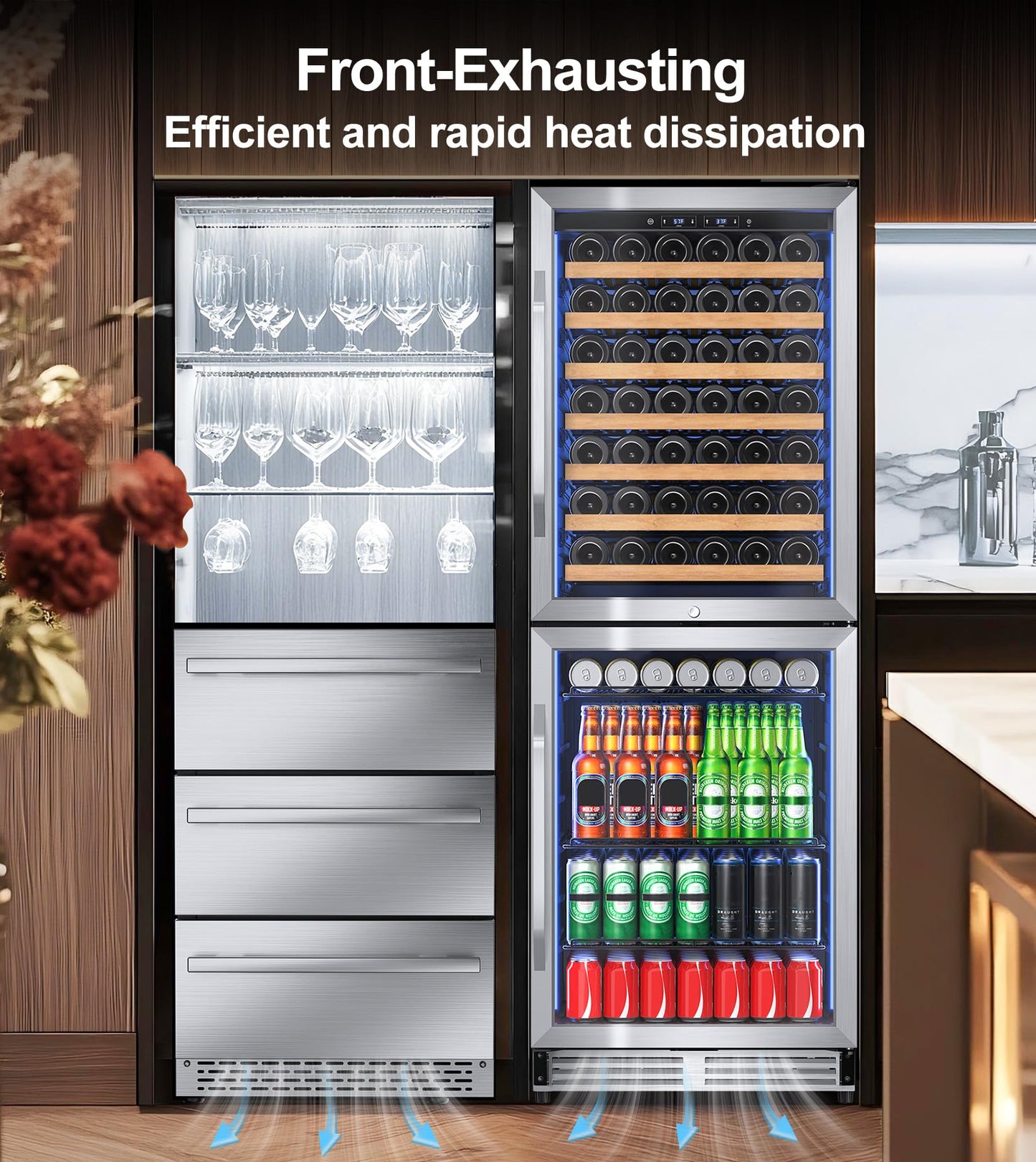 2 IN 1 Wine and Beverage Refrigerator 24", Dual Zone Wine Cooler with Safety Lock, Built-in/Freestanding Beverage Cooler for 77 Bottles 150 Cans, Quiet & Constant Fast Cooling for Home Kitchen Bar