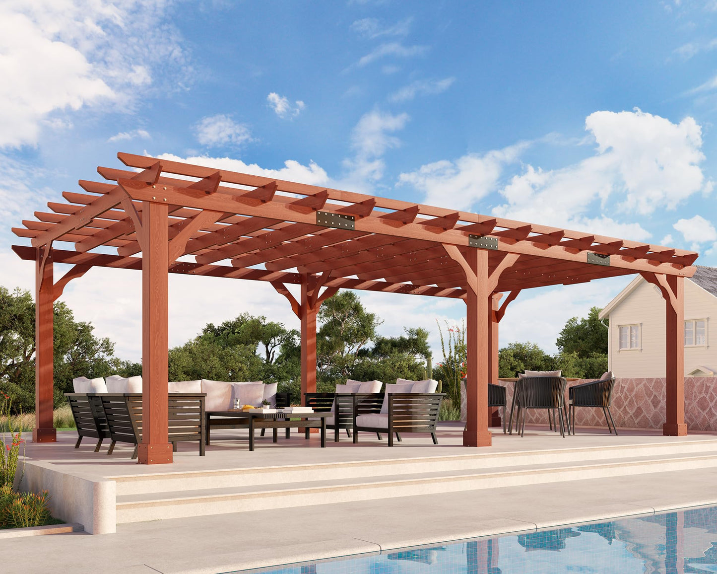 Jocisland 12x24 FT Premium Cedar Wood Pergola with Trellis Roof & Weather-Resistant Support, Outdoor Pergola Kit with Stakes, Garden Gazebo for Patio, Backyard & Events, Reddish-Brown