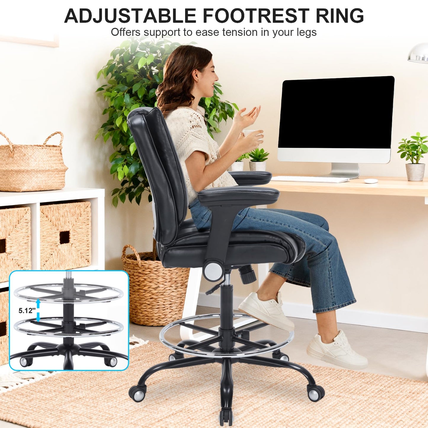 Office Drafting Chair, Tall Desk Chair with Adjustable Armrests and Footrest Ring PU Leather Standing Desk Chair with Extra Thicken Seat Cushion, Comfy High Office Chair for Counter Height Desk, Black