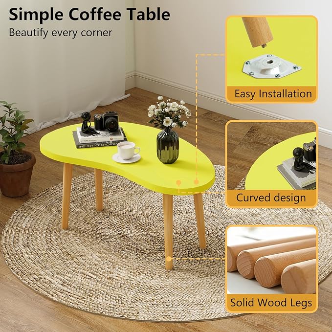 Funecy Mango Coffee Table Low Table with 4 Solid Wood Sturdy Legs, Floor Table Desk for Sitting on The Floor, Storage and Living Room Furniture (Yellow)