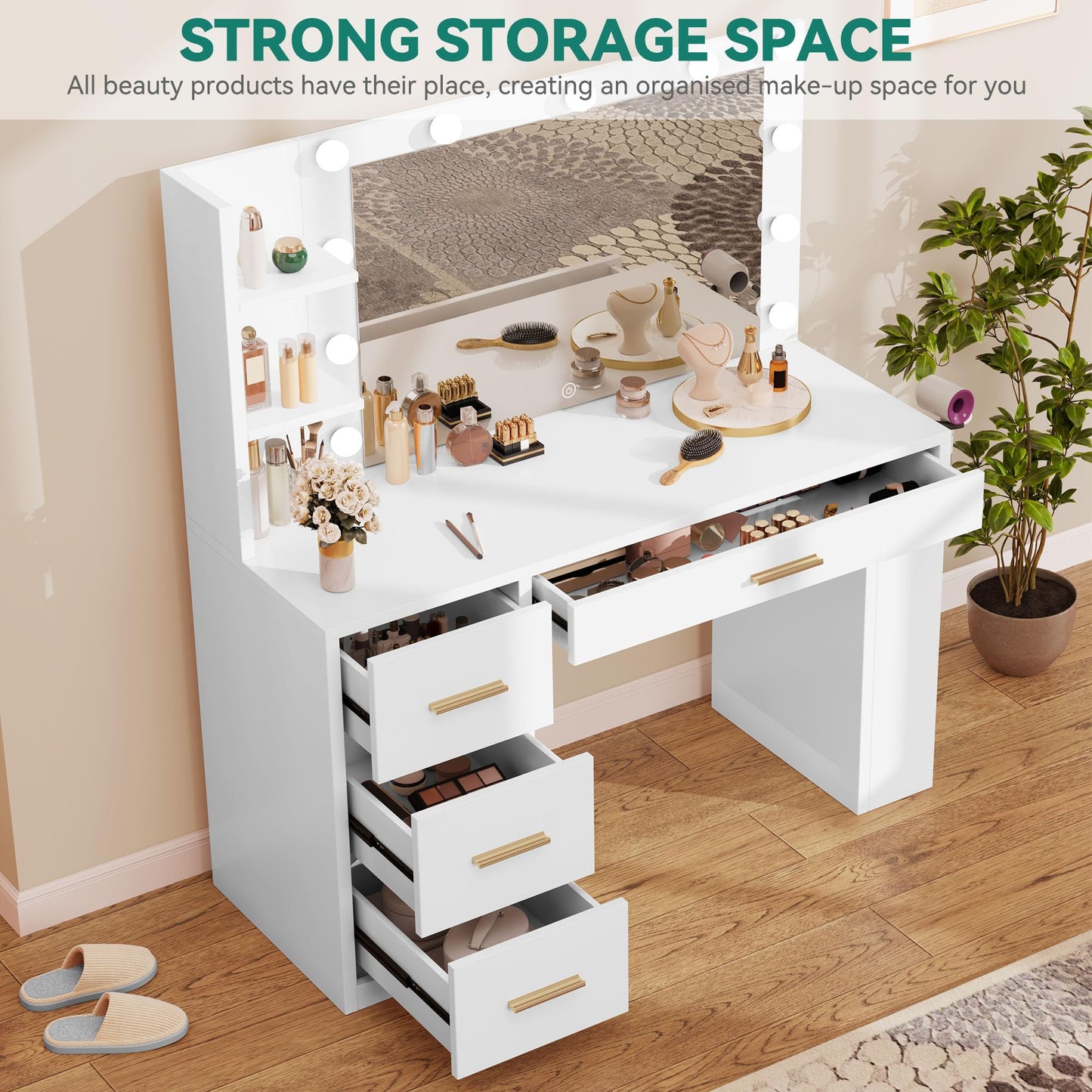 YITAHOME Vanity Desk with Mirror & Lights, Makeup Vanity Table Set with Power Outlet, 4 Drawers, 6 Open Shelves Above and 3 Lighting Modes Dressing Table