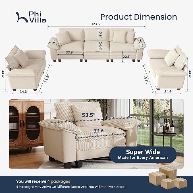PHI VILLA Cloud Modular Couches Sets, 3 Pieces Sectional Sofa Set with Single Sofa, 5-Seater Upholstered Couch for Living Room Small Spaces, Chenille Corduroy Dual Fabric, Beige