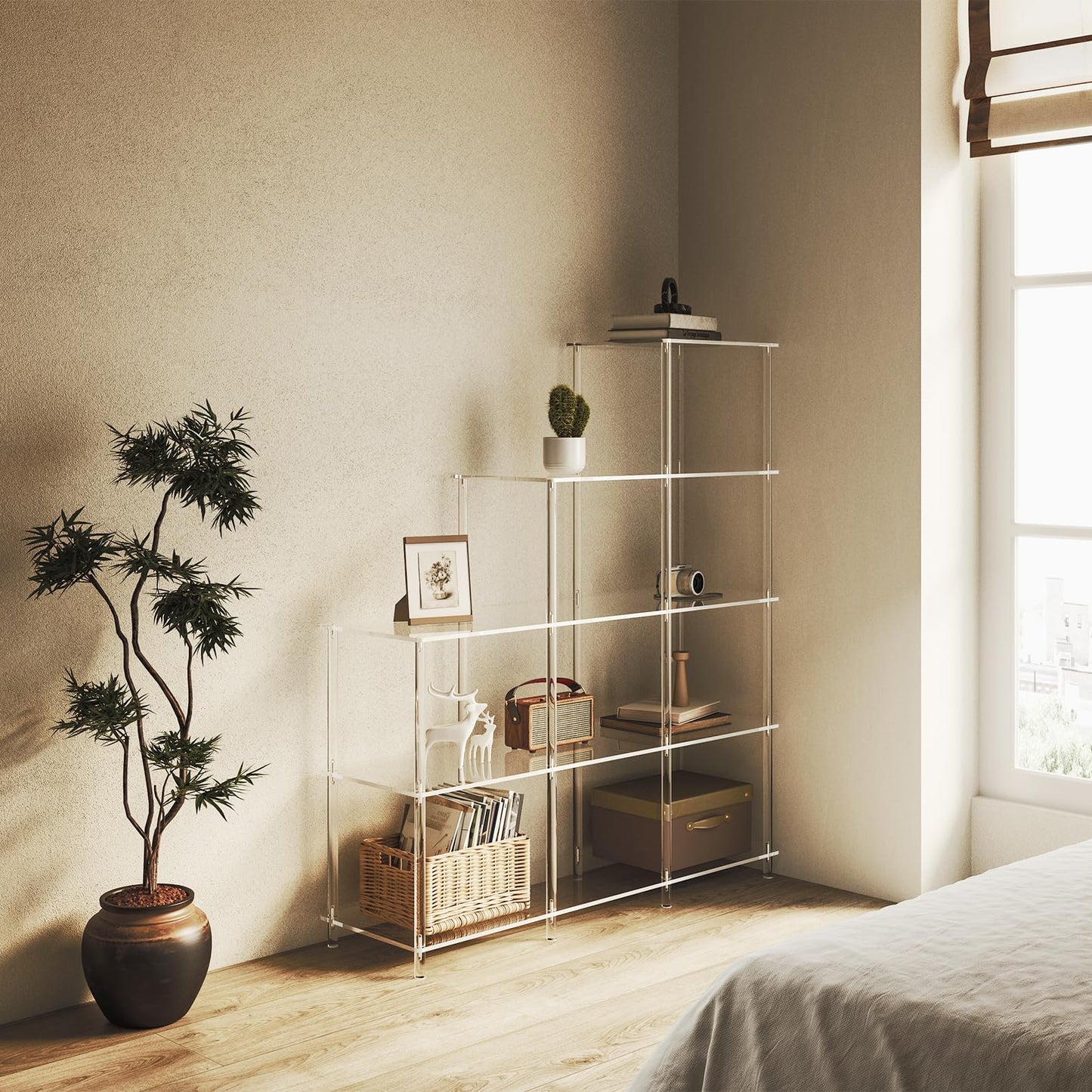 CRTERICX 5-Tier Acrylic Stepped Bookshelf, 9 Cube Bookcase, Clear Open Book Shelf for Home Office, Living Room, Bedroom, Easy Assembly, 11.8" D x 40.6" W x 46.1" H