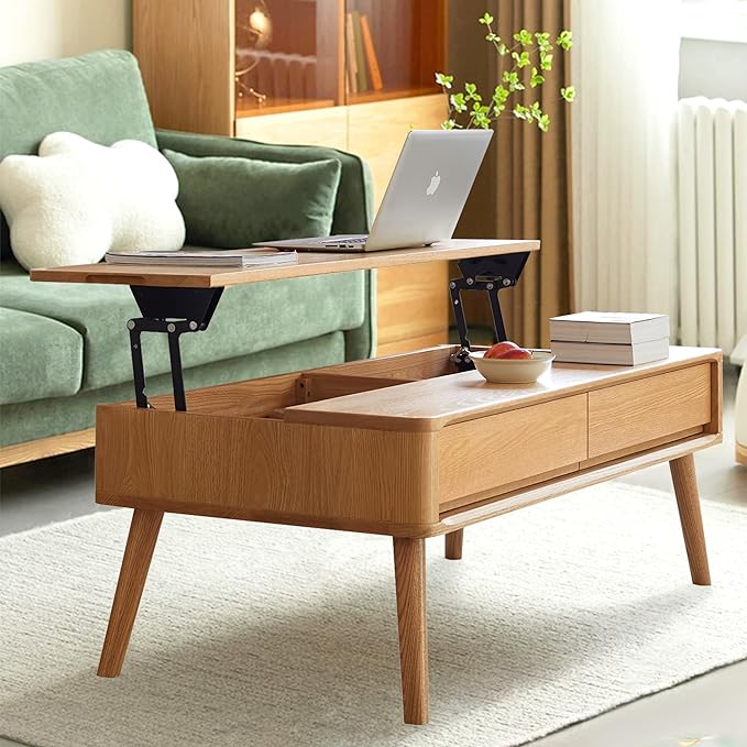 QKFF Wood Lift Top Coffee Table, 100% Solid Oak Wood Small Rising Dining Center Tables with Storage Shelf and Hidden Compartment for Living Room 40D x 22W x 26H