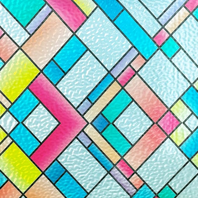 Window Film Privacy Classy Colorful Glazed Tiles Stained Glass Sliding Door Coverings Static Cling Frosted Church Tints Cover Contact Paper Non-Adhesive Heat Control Anti UV Reusble,35x78.7in.