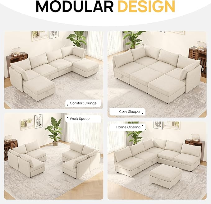 Oversized Modular 6 Seater Sofa with Removable Covers and Storage, Convertible U, L-Shaped and Sleeper Sectional, Modern Sectional Couch with Ottoman Chaise for Living Room, Bedroom, Apartment, Beige