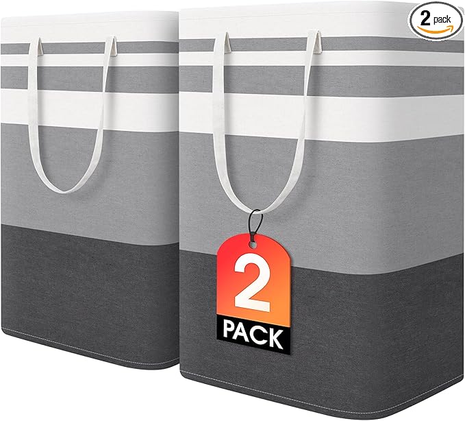 HomeHacks 2 Pack Large Laundry Baskets, Waterproof, Freestanding Laundry Hampers, Collapsible Clothes Hamper with Reinforc...