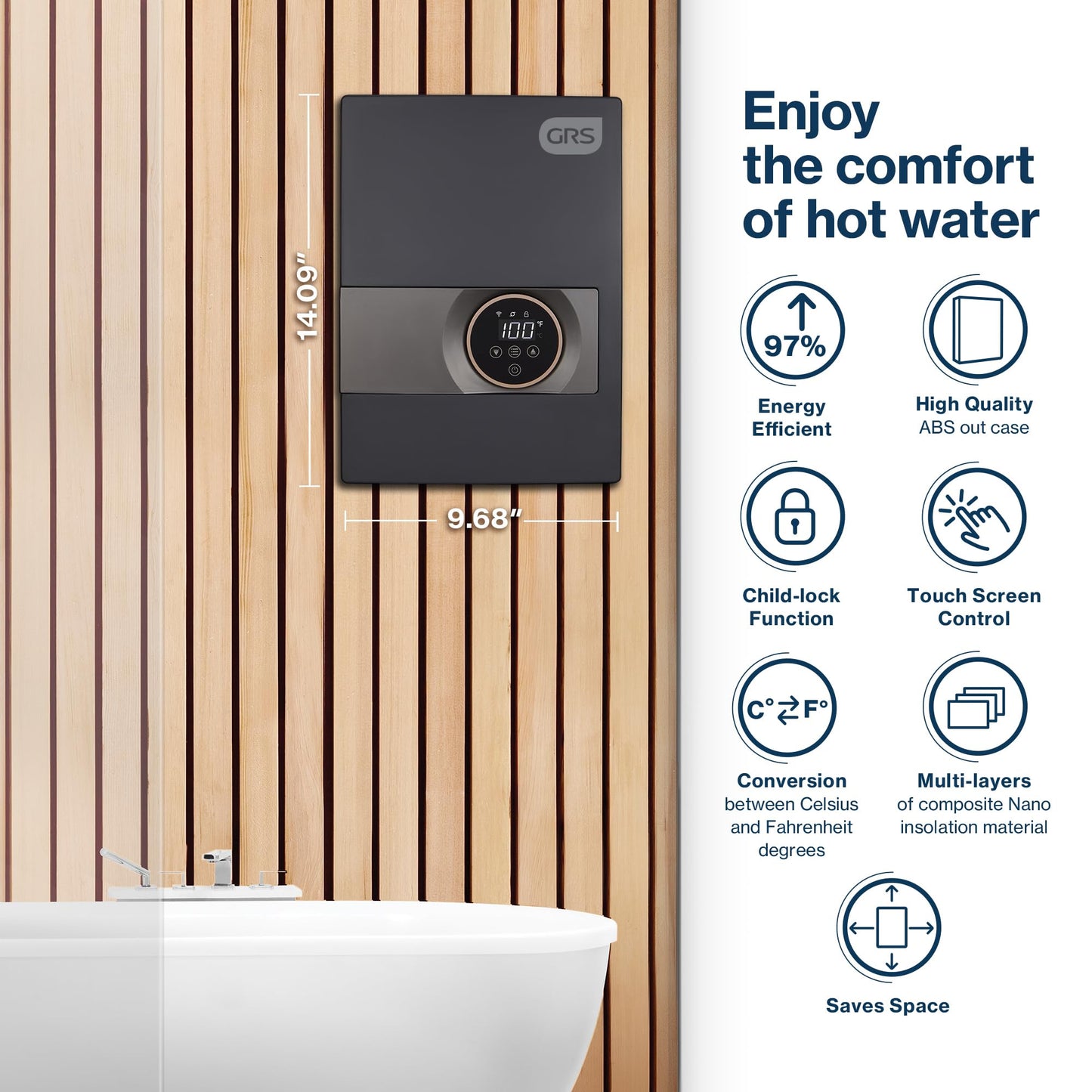 GRS Tankless Water Heater Electric 13KW 240V | Easy to Install Electric Heater with Digital Display | Whole House Water Tank for Shower, Kitchen, Bathroom, Sink, and more