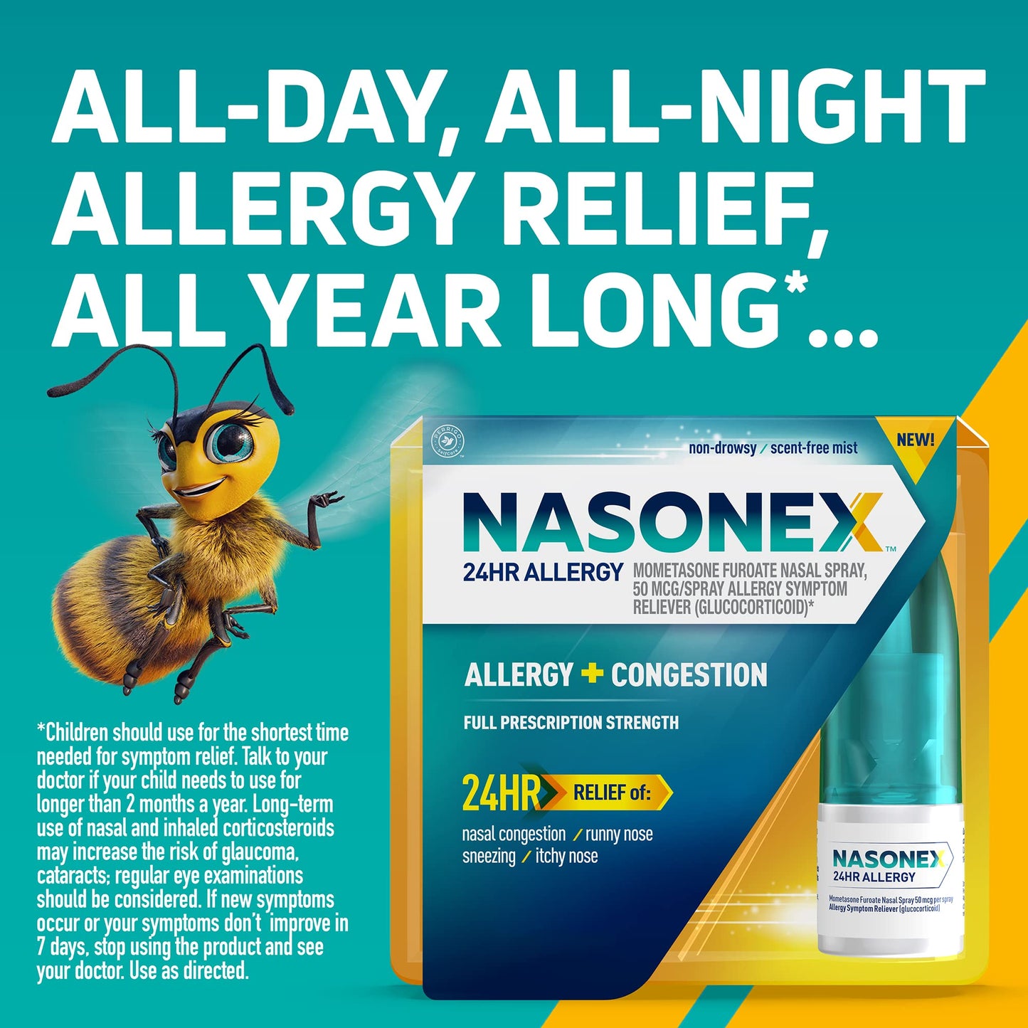 Nasonex 24HR Allergy Nasal Spray, Non-Drowsy, Scent-Free Mist, Allergy Symptoms + Nasal Congestion, Full Prescription Strength, 120 Sprays, 2 Pack