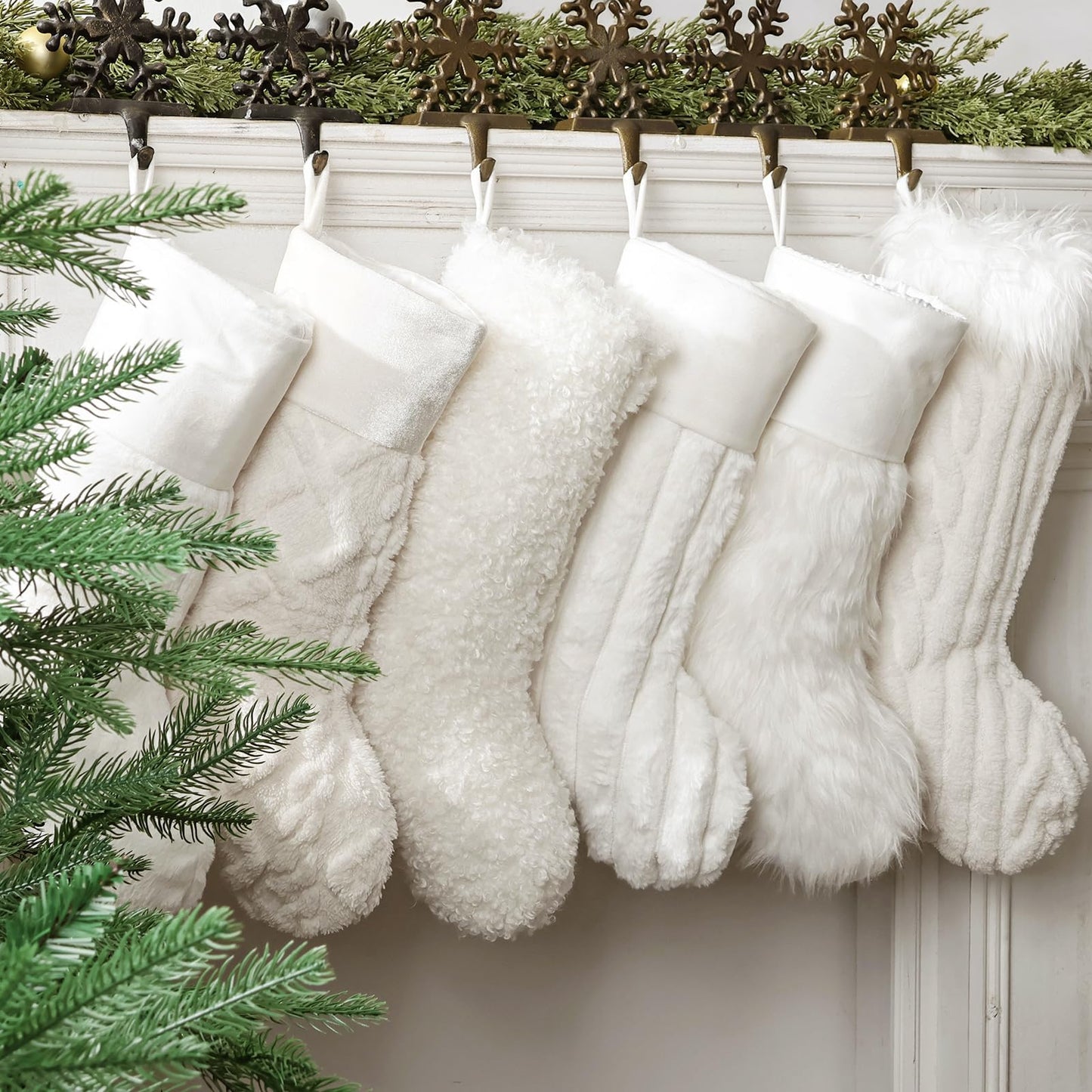 Christmas Stockings, 6 Pack 18 Inch Luxury Snow White Thick Plush Faux Fur Personalized Stockings with 6 Styles of Textured Patterns, Home Décor Party Christmas Decorations Gift for Mantal Fireplace