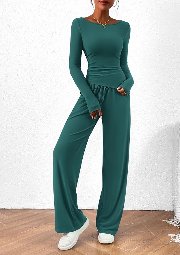 PRETTYGARDEN Women's 2 Piece Lounge Sets Asymmetrical Long Sleeve T Shirt Wide Leg Pants Casual Outfits Tracksuit