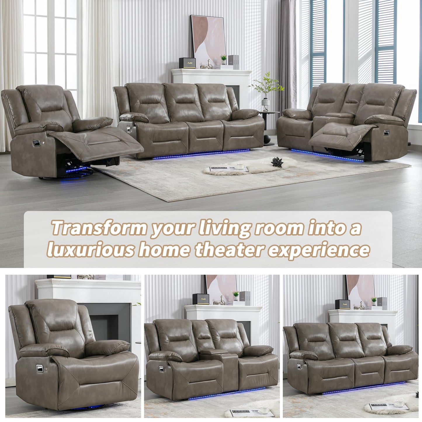 Merax 1 Seater 360° Swivel and Rocking Home Theater Recliner Manual Chair with a LED Light Strip for Living Room,Bedroom