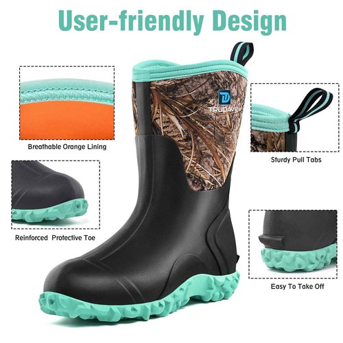 Trudave Rubber Boots for Women with Steel Shank, 6mm Neoprene Mid Calf Rain Boots, Waterproof Insulated Mud Work Boots All Season, Green, Size 10