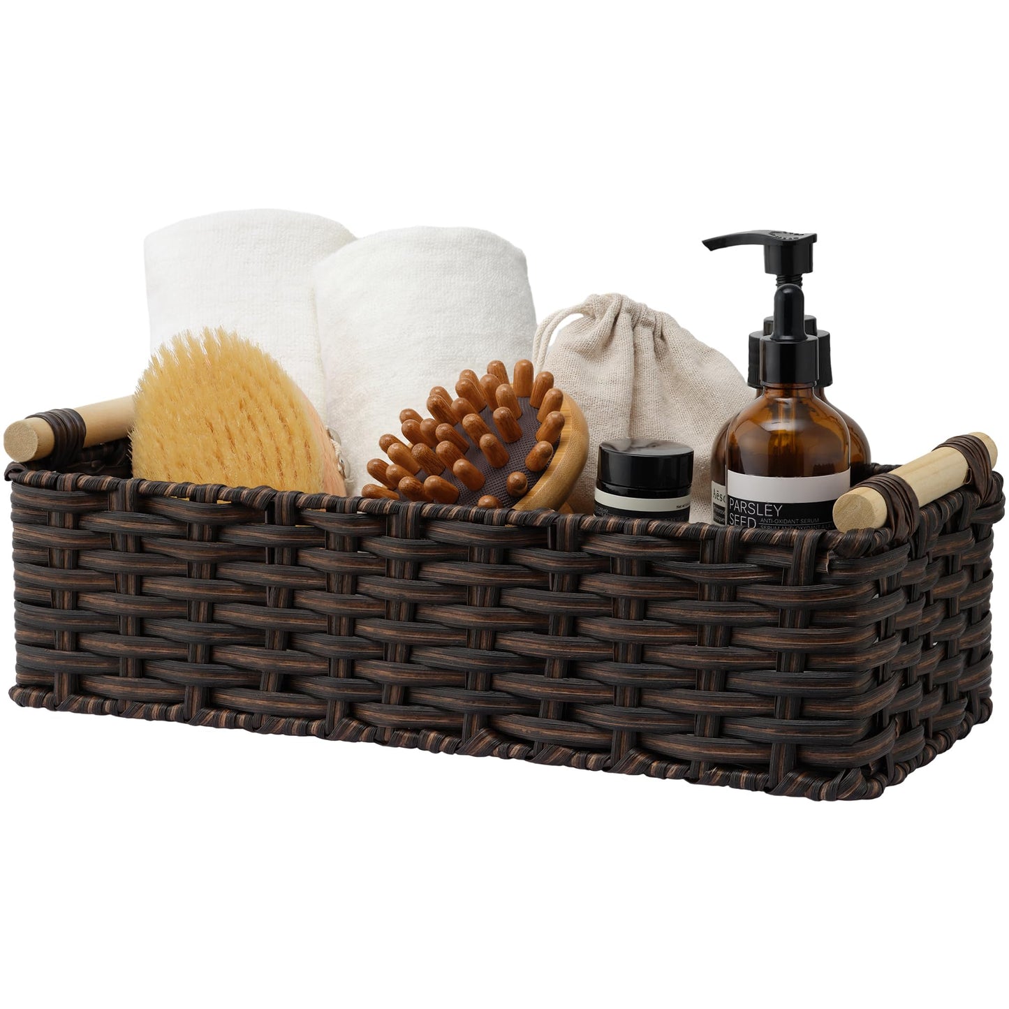 GRANNY SAYS Wicker Baskets for Shelves, Wicker Baskets for Storage, Waterproof Toilet Basket Tank Topper, Basket Organizer with Handle, Toilet Paper Basket for Back of Toilet, 14¼" x 6½" x 4¼", Brown