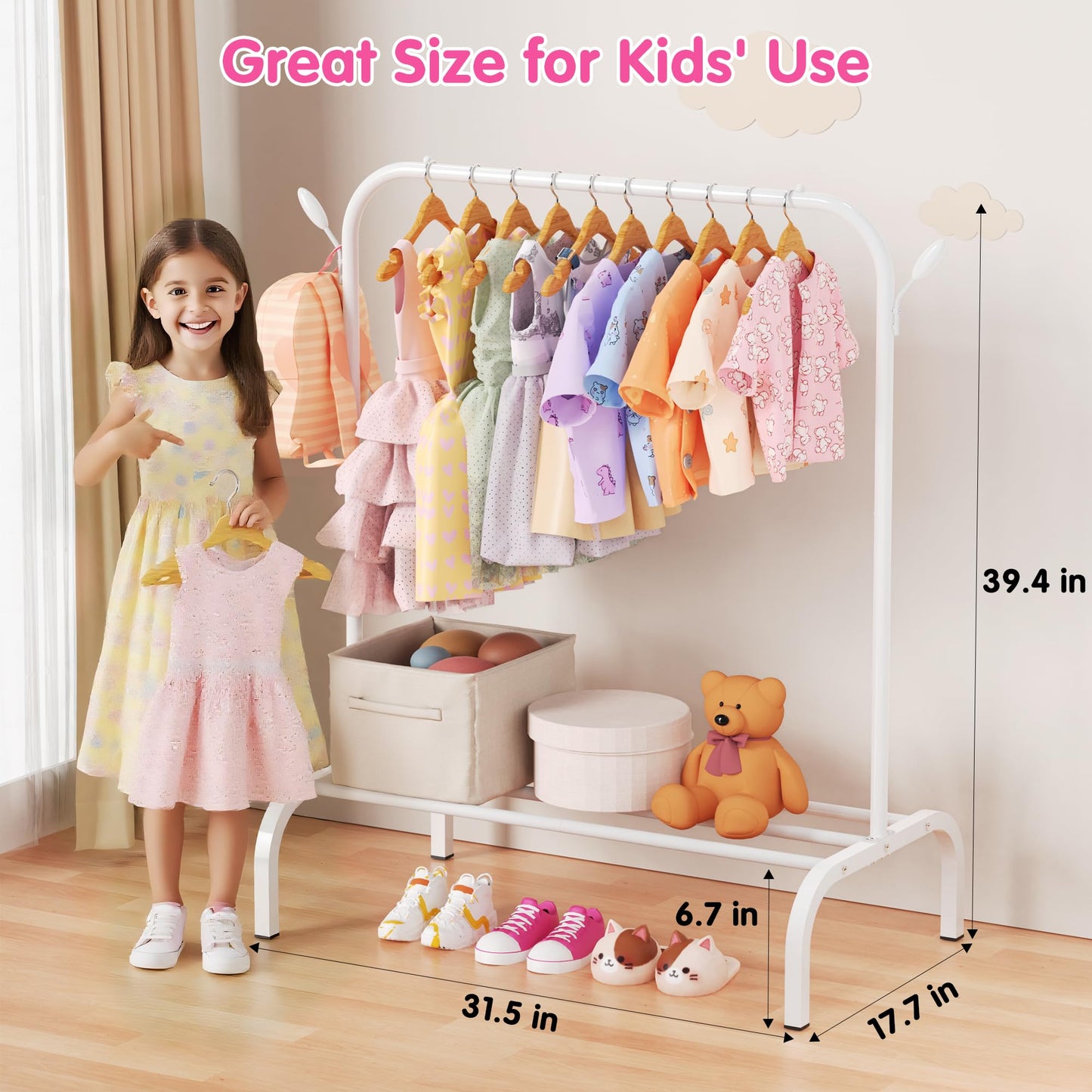 Upgraded Kids Clothing Rack - Dress Up Clothes Rack Baby Toddler Montessori Wardrobe- Small Portable Garment Racks with Storage Shelf and Hooks - for Costumes, Princess Dresses & Shoes, White