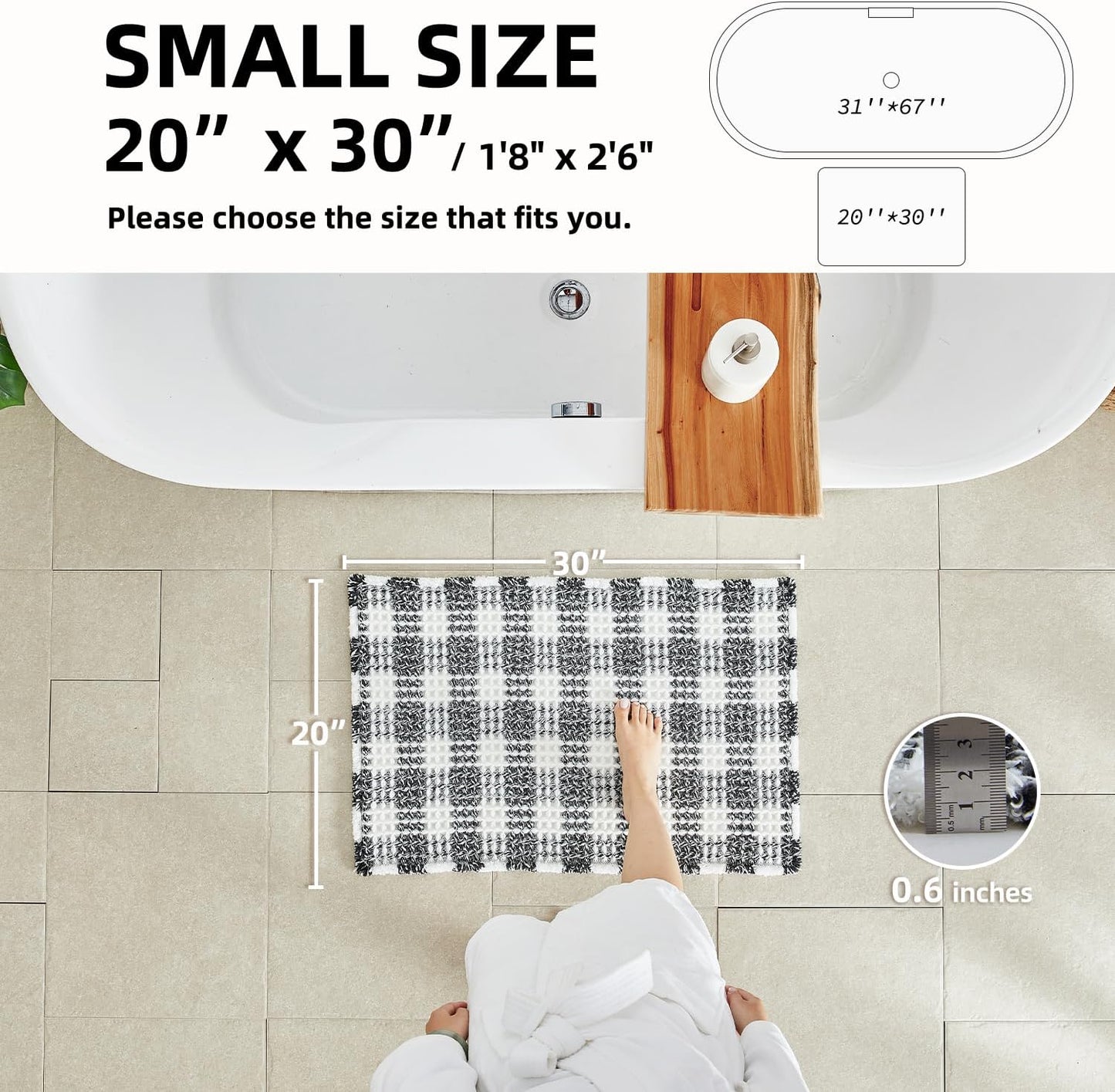 Waffle Bath Mat, Boho Bathroom Rugs Non Slip Washable Absorbent Checkered Bathroom Mat Quick Dry Farmhouse Bathroom Decor, 30"x20" Black and White