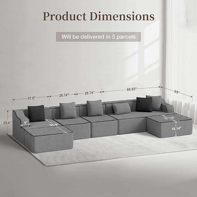 SUNSHINE VALLEY U Shaped Boneless Modular Cloud Couch, 162'' Oversized Corduroy Sectional Sofa for Living Room, 6-Seat Upholstered Modern Couch with Deep Seat, No Assembly Required, Grey