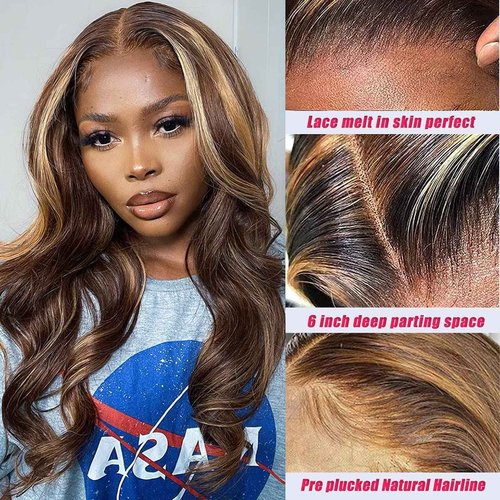 PECWU Honey Blonde Lace Front Wig Body Wave Human Hair Pre Plucked 4/27 HD Lace Frontal 180% Density Human Hair Wigs for Black Women Ombre Colored Wigs 13x6x1 Body Wave Lace Wig (24", Body4/27)
