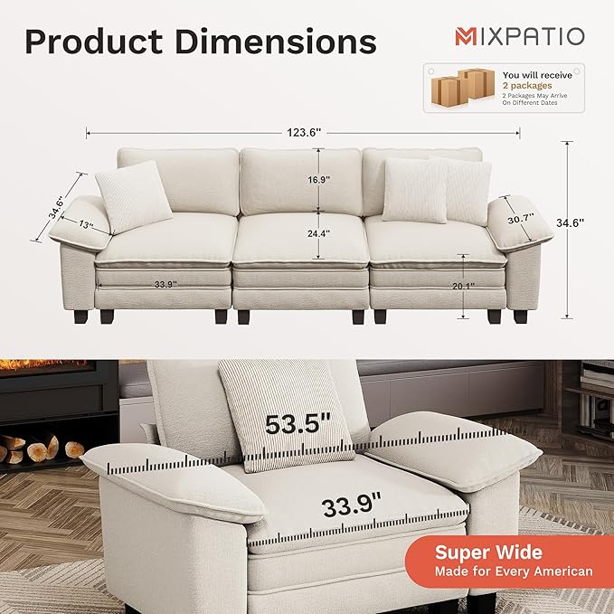 MIXPATIO 123" Cloud Modular Sectional Sofa, 3-Seater w/Deep Seat & Removable Arms, Plush Corduroy for Living Room - Beige
