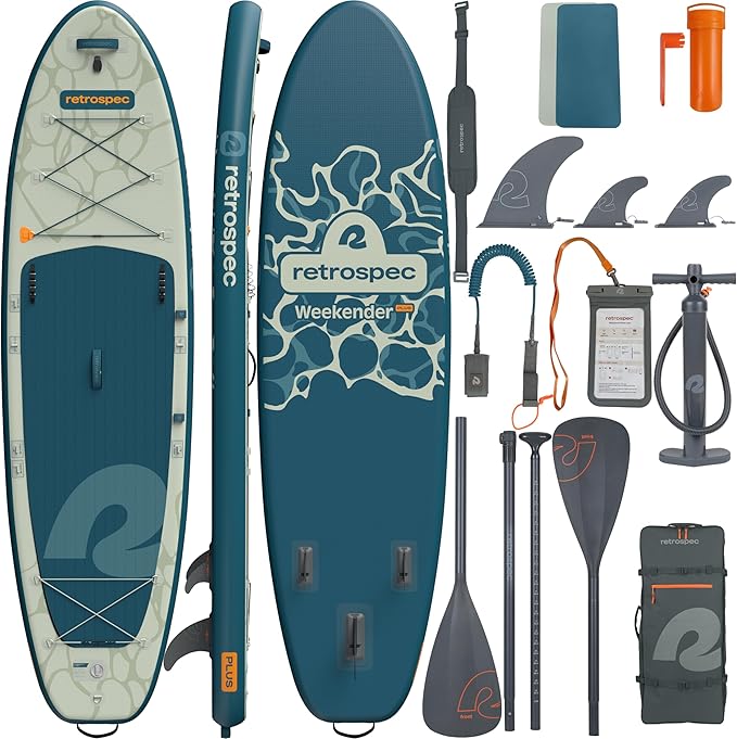 Retrospec Weekender Plus 10' Inflatable Stand Up Paddleboard Double Layer PVC iSUP Bundle w/Carrying case, 3 Piece Adjusta...