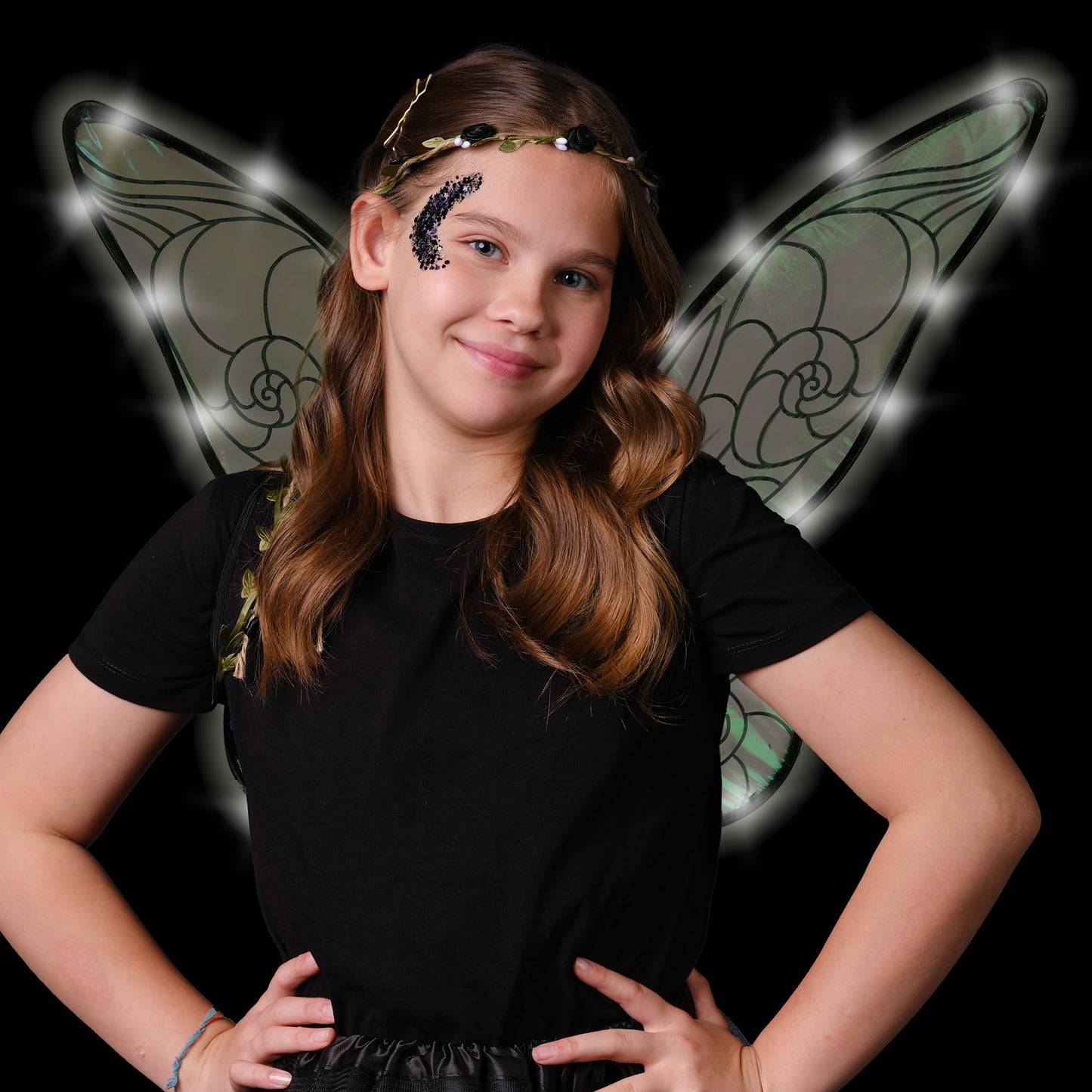 Funcredible Fairy Costume For Women and Girls - Black Light Up Fairy Wings and Flower Crown, Glitter - Butterfly Wings - Tooth Fairy Cosplay Outfit - Halloween Costumes for Women