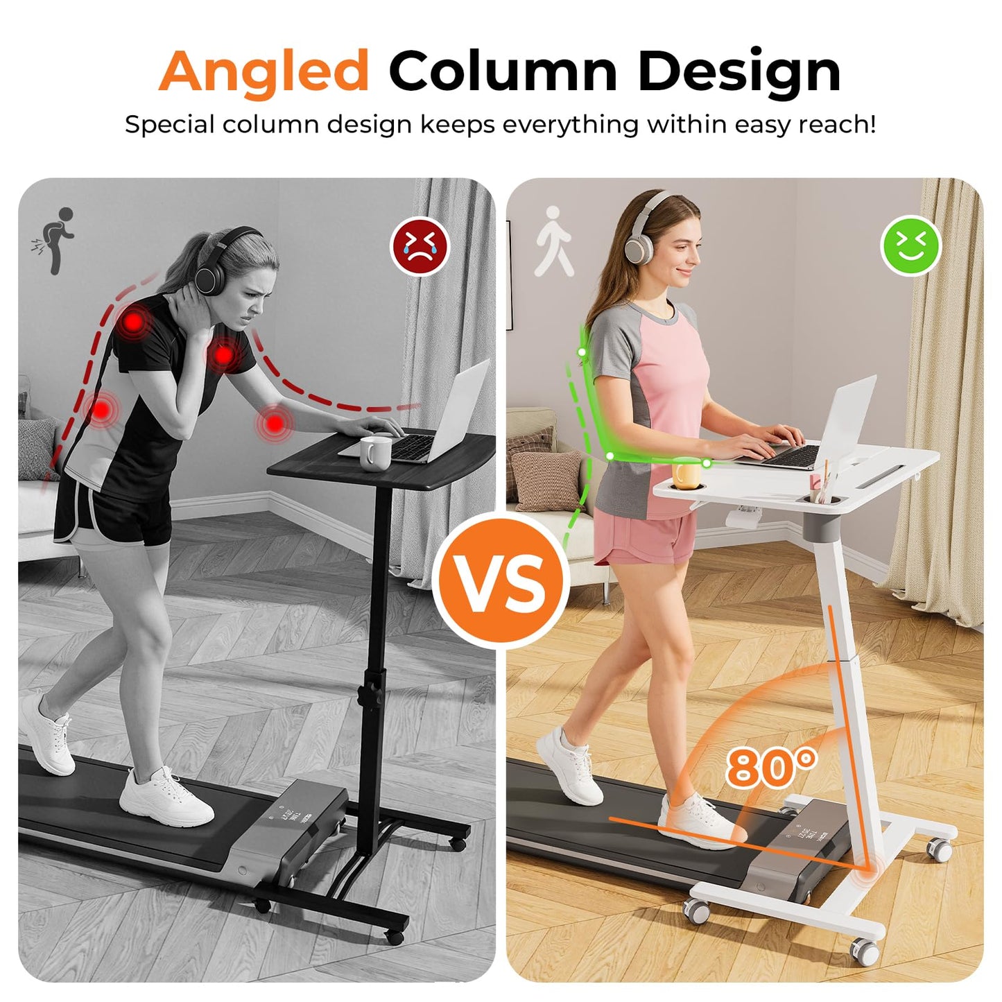 JOY worker Mobile Standing Desk for Treadmill, 31.5" Small Pneumatic Height Adjustable Walking Pad Desk, 40° Foldable Rolling Bike Trainer Stand Table on Wheels with Cup Holder & Towel Rack, White