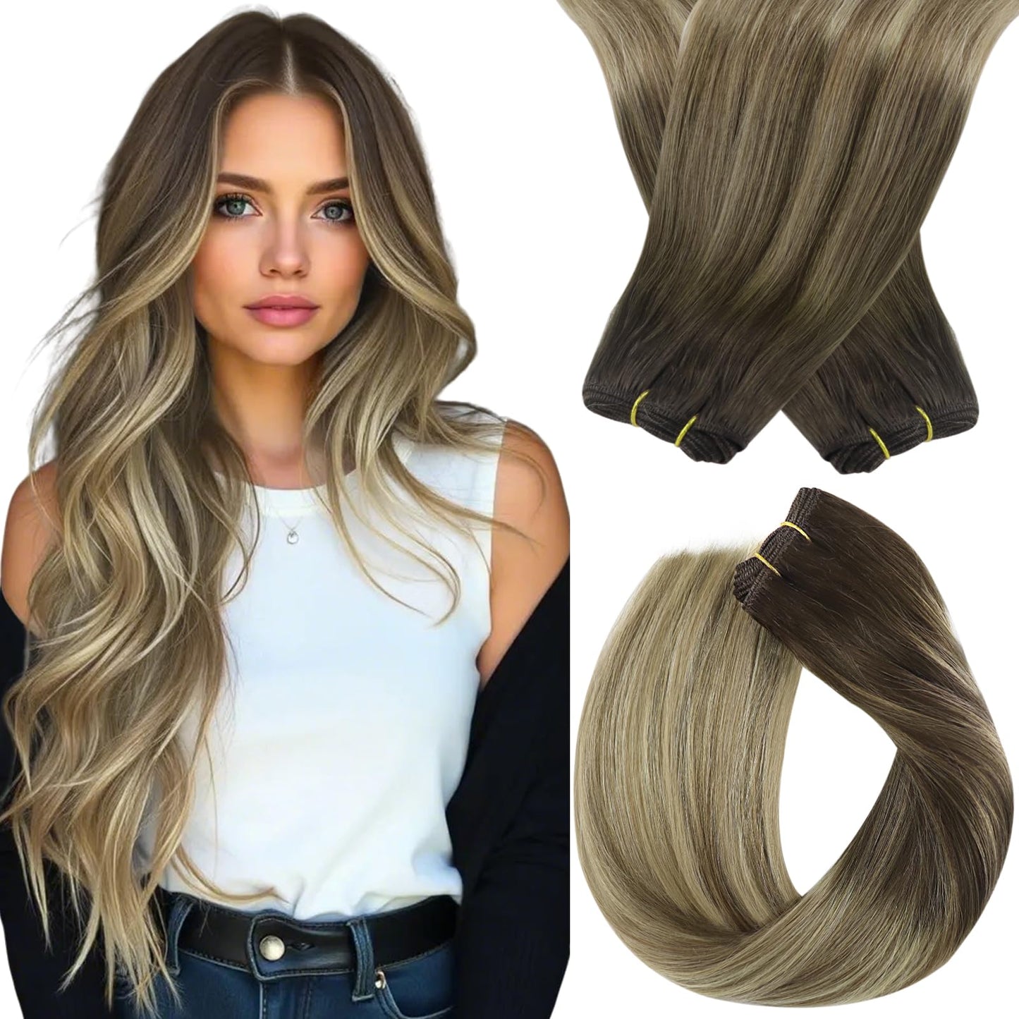 Sunny Hair Sew in Hair Extensions Real Human Hair Dark Brown Ombre Golden Brown Mix Blonde Weft Hair Extensions Human Hair Bundl